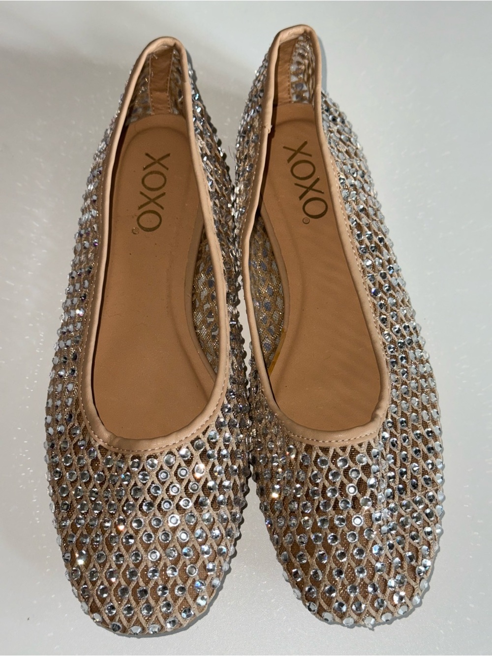 XOXO Women's Beige Crystal-Embellished Ballet Flats size 8.5